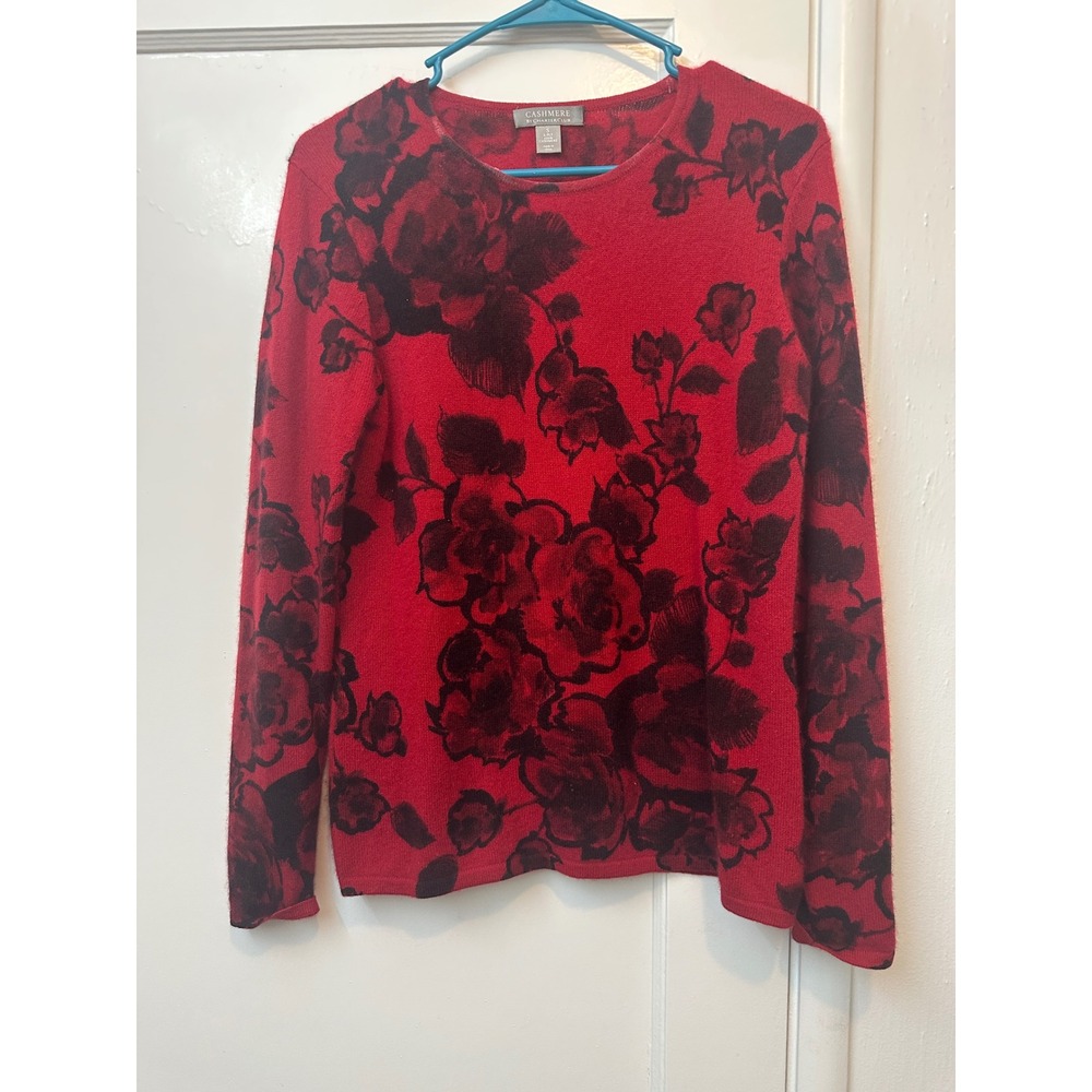 Charter Club Cashmere Sweater Red Black Floral Rose Print 2-Ply Pullover Small